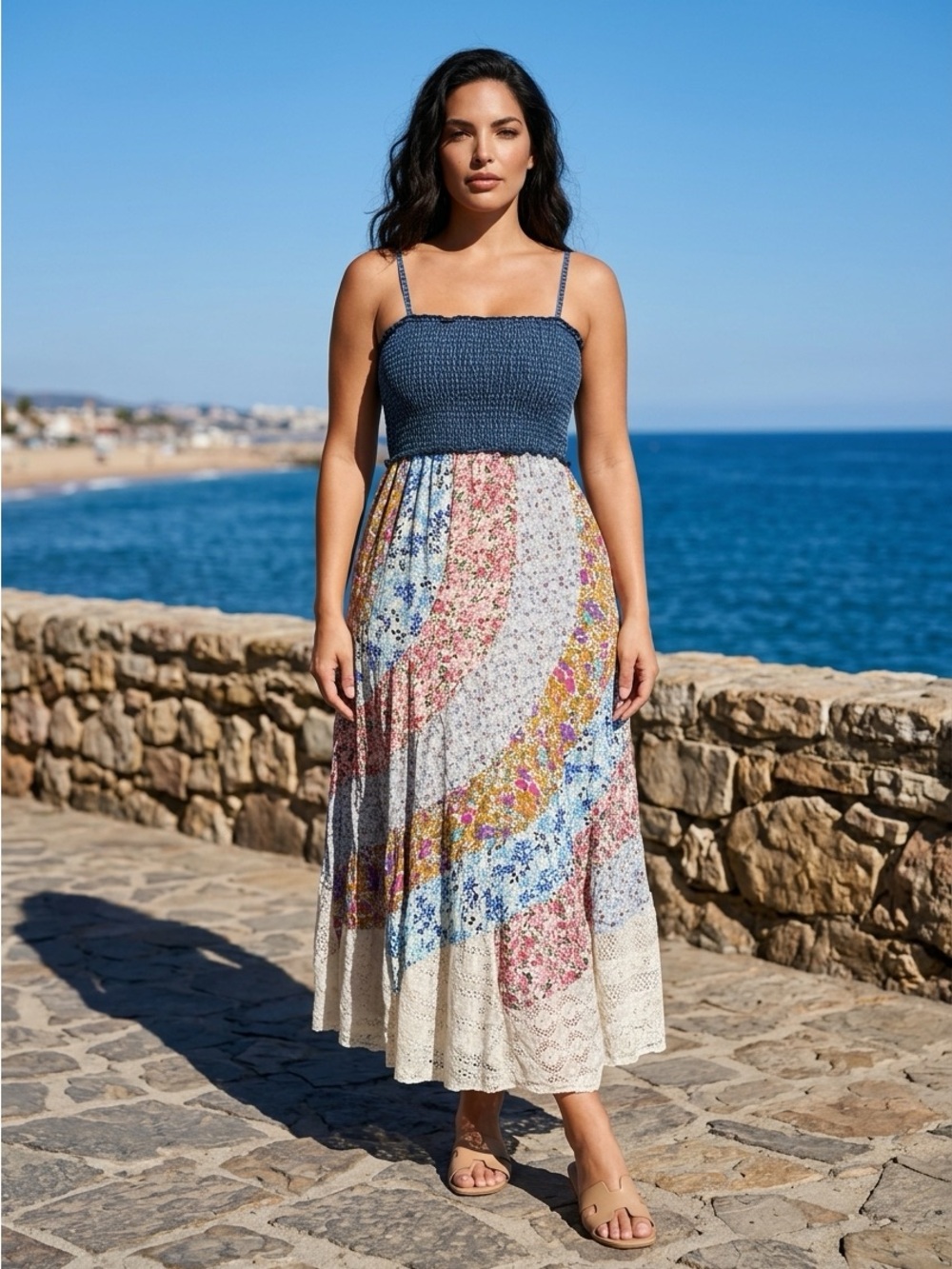 New Young Threads Smocked Navy Bodice Floral Maxi Dress